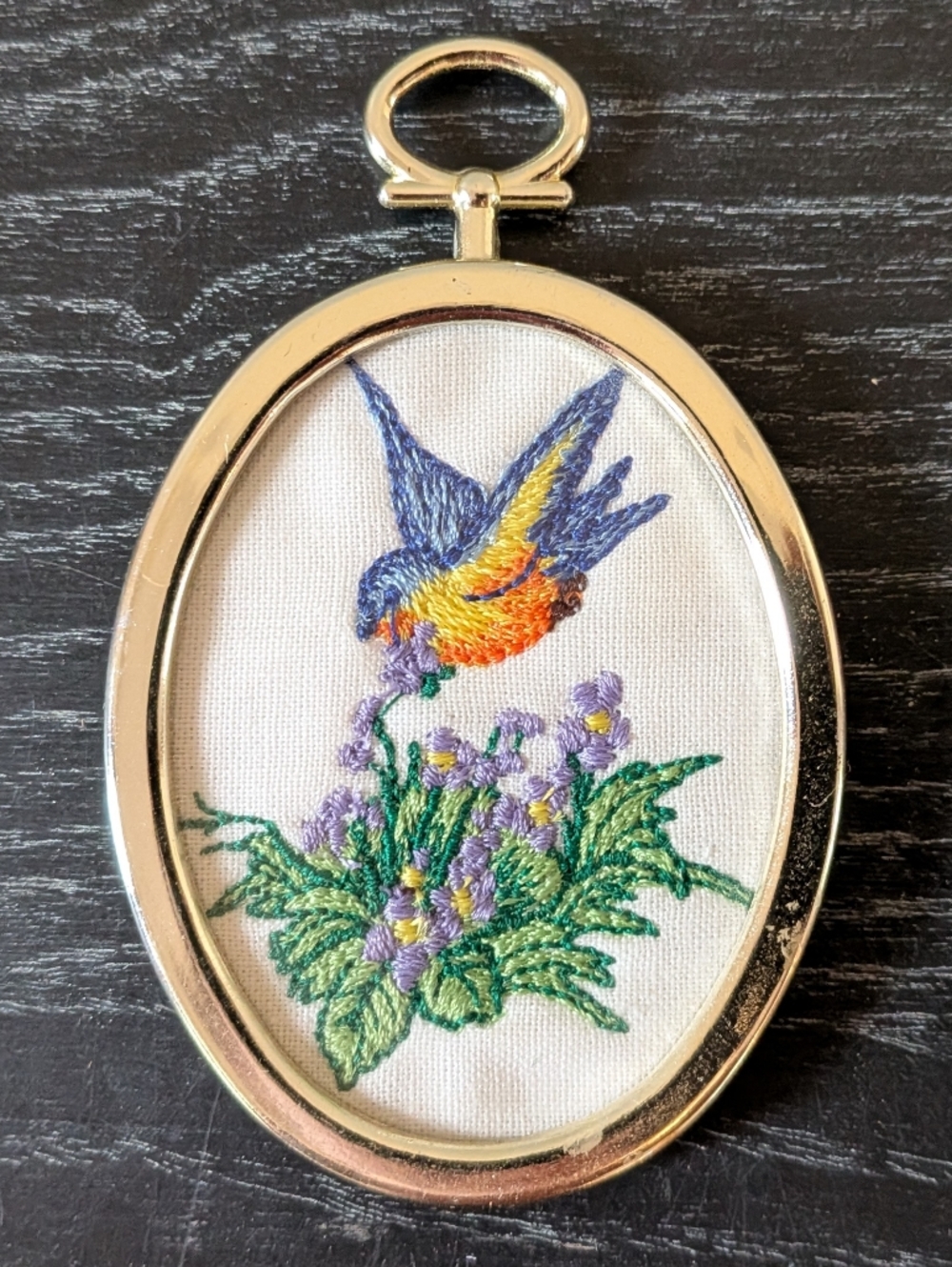 VTG Miniature Embroidered Crewel Blue Bird Small Silver Oval Plastic Frame 3"